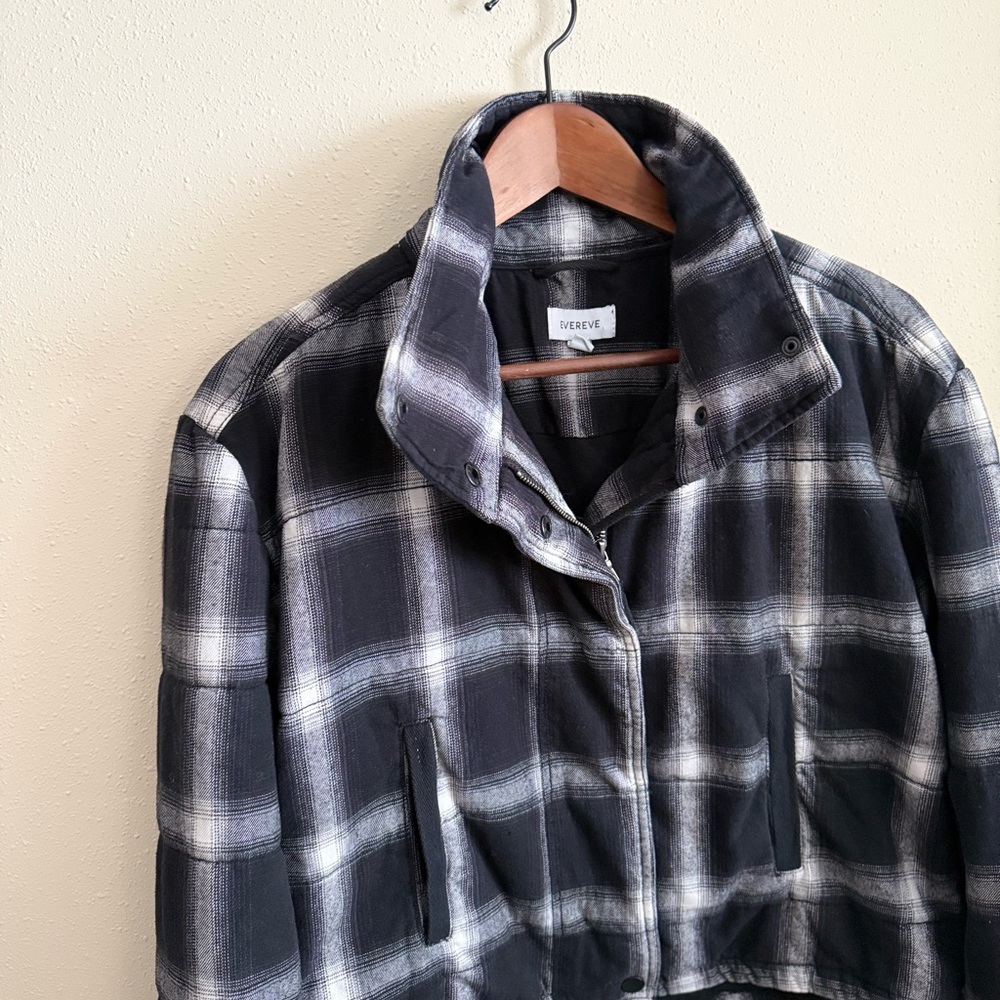 Evereve Cropped Plaid Jacket XS Black White Brushed Shirt Jacket